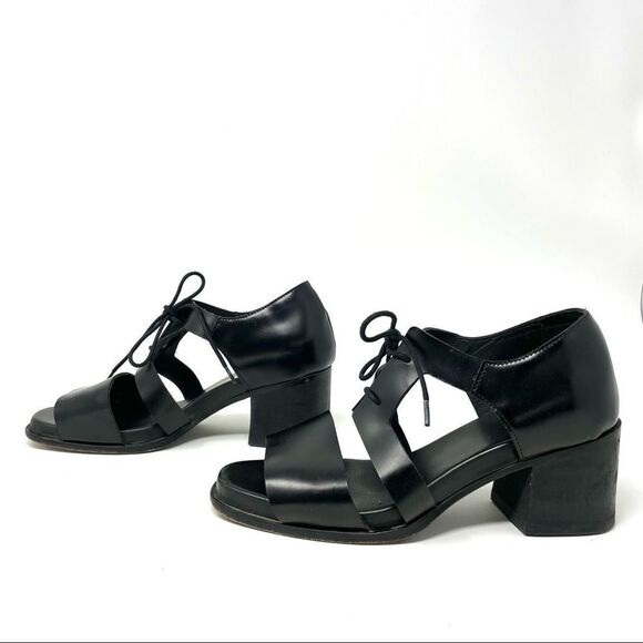 Cos Black Leather Chunky Heel Lace Up Sandals Size 40 - Picture 4 of 11